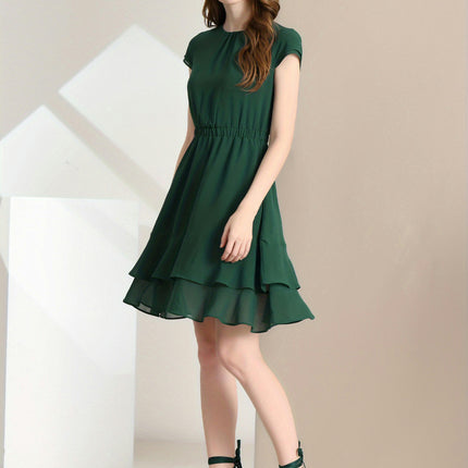 Women's Chiffon A-Line Cap Sleeve Elastic Waist Layered Ruffle Dress for Spring & Fall Season