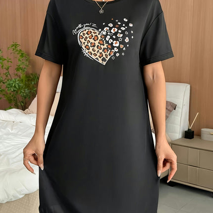 Summer Women's Heart Graphic Mini Dress, Casual Crew Neck Short Sleeve T-Shirt Dress for Everyday