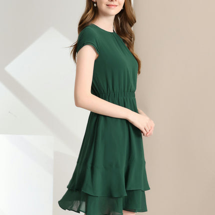 Women's Chiffon A-Line Cap Sleeve Elastic Waist Layered Ruffle Dress for Spring & Fall Season