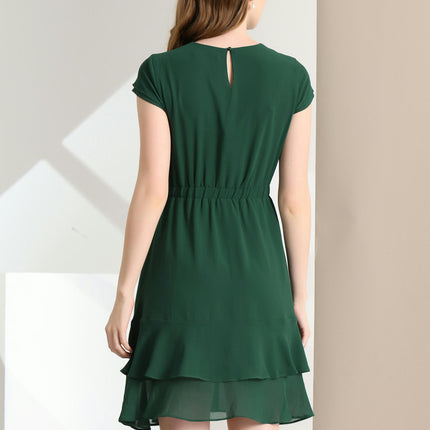 Women's Chiffon A-Line Cap Sleeve Elastic Waist Layered Ruffle Dress for Spring & Fall Season