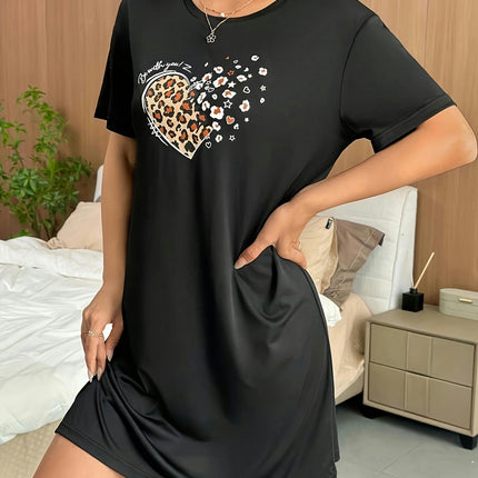 Summer Women's Heart Graphic Mini Dress, Casual Crew Neck Short Sleeve T-Shirt Dress for Everyday