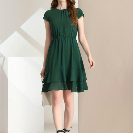 Women's Chiffon A-Line Cap Sleeve Elastic Waist Layered Ruffle Dress for Spring & Fall Season