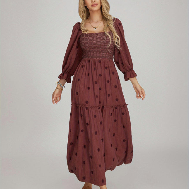 1pc Embroidered Floral A-Line Dress for Women-Fit and Flare Long Dress for Spring/Summer/Fall