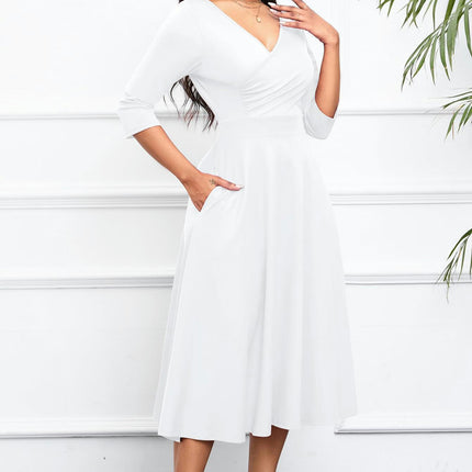 V-neck Solid Color A-Line Midi Dress,3/4 Sleeves, Idea for Formal Occasion, Woman's Clothing