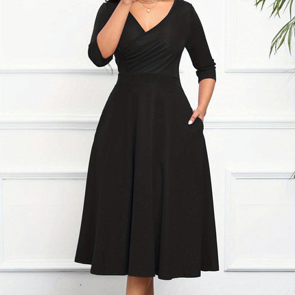 V-neck Solid Color A-Line Midi Dress,3/4 Sleeves, Idea for Formal Occasion, Woman's Clothing