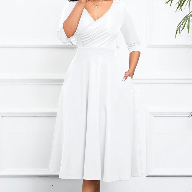 V-neck Solid Color A-Line Midi Dress,3/4 Sleeves, Idea for Formal Occasion, Woman's Clothing