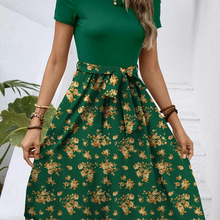 Floral Midi Dress with Belt-Crew Neck, Short Sleeves, A-Line Cut, All-Season Style for Women