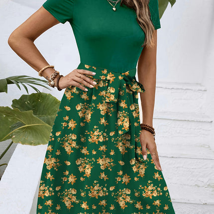 Floral Midi Dress with Belt-Crew Neck, Short Sleeves, A-Line Cut, All-Season Style for Women