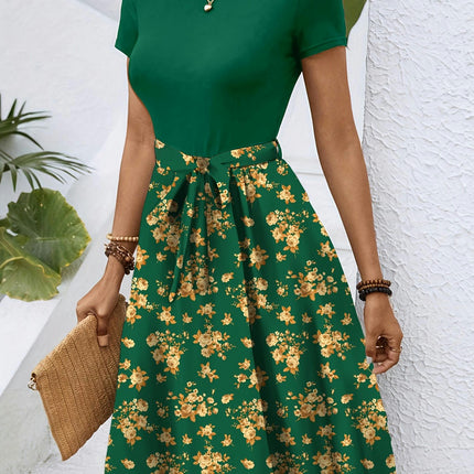 Floral Midi Dress with Belt-Crew Neck, Short Sleeves, A-Line Cut, All-Season Style for Women