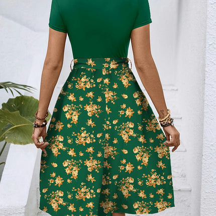 Floral Midi Dress with Belt-Crew Neck, Short Sleeves, A-Line Cut, All-Season Style for Women