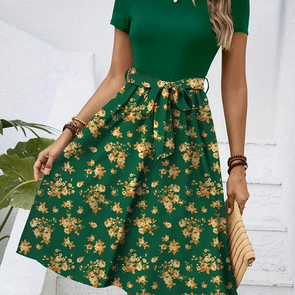 Floral Midi Dress with Belt-Crew Neck, Short Sleeves, A-Line Cut, All-Season Style for Women