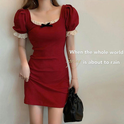 Ribbed Bodycon Dress for Women, Summer Solid Color, with Lace Trim, Puff Sleeves, and Bow Knot