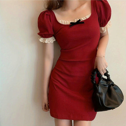 Ribbed Bodycon Dress for Women, Summer Solid Color, with Lace Trim, Puff Sleeves, and Bow Knot