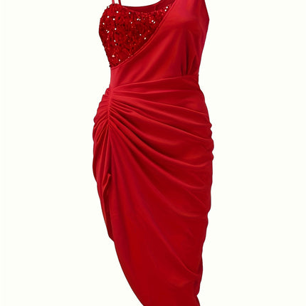 Women's Sequin Embellished One-Shoulder Spaghetti Strap Evening Gown, Solid Color Adult Dress