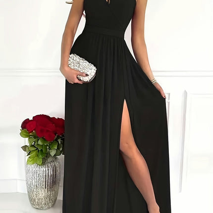 One-Shoulder Split A-Line Party Dress - Women's Ruffle Hem Sleeveless Dresses for Banquet