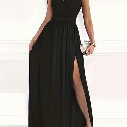 One-Shoulder Split A-Line Party Dress - Women's Ruffle Hem Sleeveless Dresses for Banquet