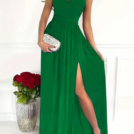 One-Shoulder Split A-Line Party Dress - Women's Ruffle Hem Sleeveless Dresses for Banquet