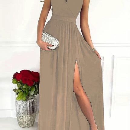 One-Shoulder Split A-Line Party Dress - Women's Ruffle Hem Sleeveless Dresses for Banquet