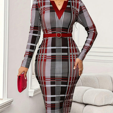 Women's Long Sleeve Plaid Pattern Notched V Neck Split Bodycon Dress for Spring & Fall