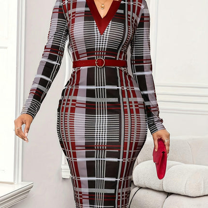 Women's Long Sleeve Plaid Pattern Notched V Neck Split Bodycon Dress for Spring & Fall