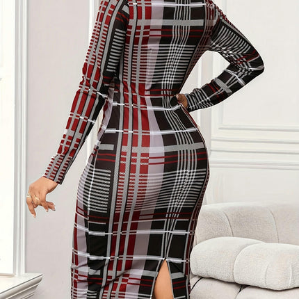 Women's Long Sleeve Plaid Pattern Notched V Neck Split Bodycon Dress for Spring & Fall