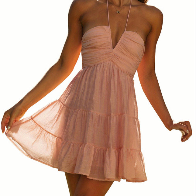 Women's Summer Mini Dress Casual Sleeveless Halter Neck Flowy Tiered Dress Cute Vacation Dress