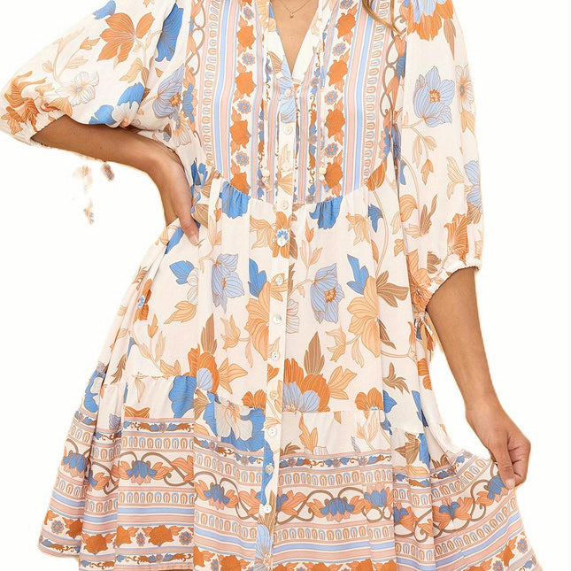 Women Mini Dress Half Sleeve Button-down Printed Casual Dress Summer Dress with Pockets