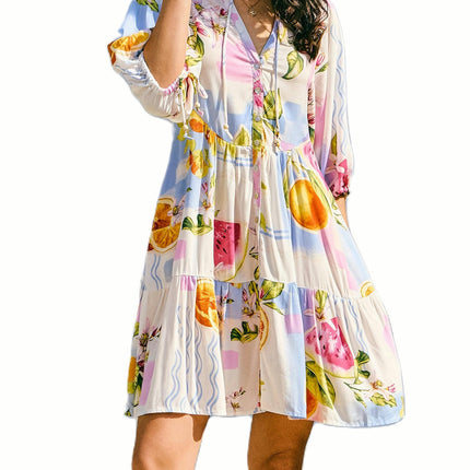 Women Mini Dress Half Sleeve Button-down Printed Casual Dress Summer Dress with Pockets