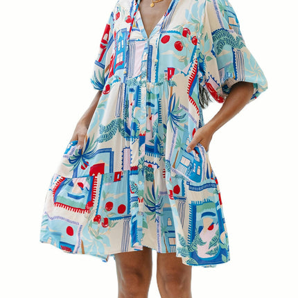 Women Mini Dress Half Sleeve Button-down Printed Casual Dress Summer Dress with Pockets