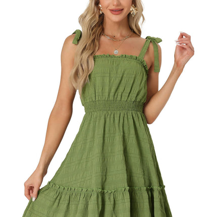 Women's Casual Boho Tie Straps Ruffled Trim Smocked Waist Mini Dress Casual Women's Clothing