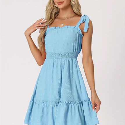 Women's Casual Boho Tie Straps Ruffled Trim Smocked Waist Mini Dress Casual Women's Clothing