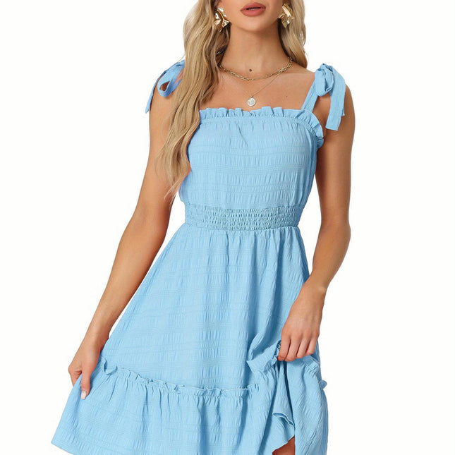 Women's Casual Boho Tie Straps Ruffled Trim Smocked Waist Mini Dress Casual Women's Clothing