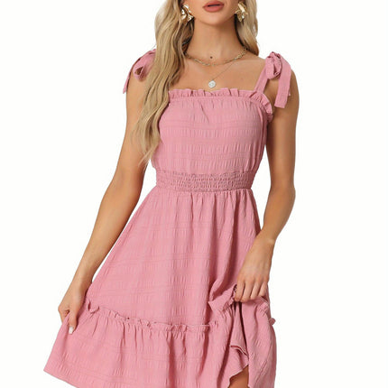 Women's Casual Boho Tie Straps Ruffled Trim Smocked Waist Mini Dress Casual Women's Clothing