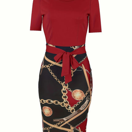 Chic Chain Print Womens Sheath Dress-Short Sleeve, Tie Waist, Casual Style-for Spring & Summer