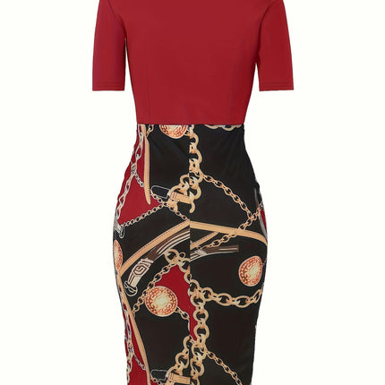 Chic Chain Print Womens Sheath Dress-Short Sleeve, Tie Waist, Casual Style-for Spring & Summer