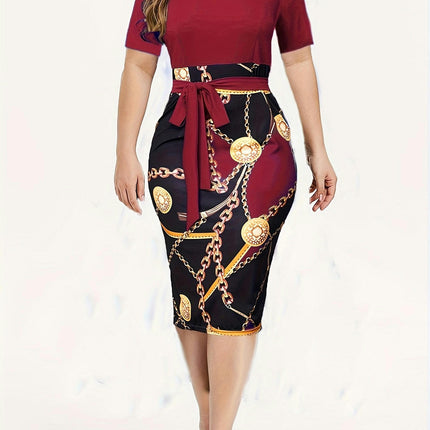 Chic Chain Print Womens Sheath Dress-Short Sleeve, Tie Waist, Casual Style-for Spring & Summer