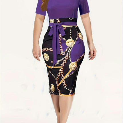 Chic Chain Print Womens Sheath Dress-Short Sleeve, Tie Waist, Casual Style-for Spring & Summer