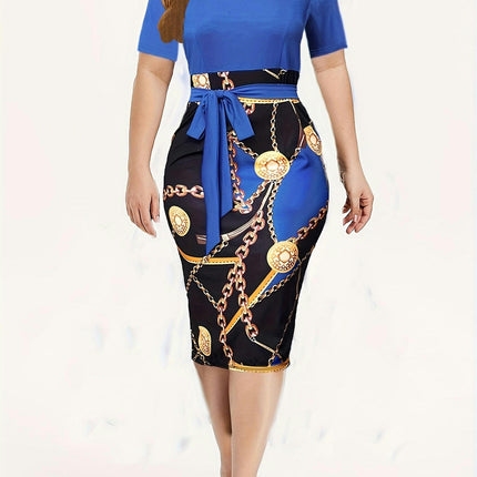 Chic Chain Print Womens Sheath Dress-Short Sleeve, Tie Waist, Casual Style-for Spring & Summer