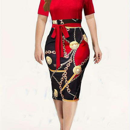 Chic Chain Print Womens Sheath Dress-Short Sleeve, Tie Waist, Casual Style-for Spring & Summer