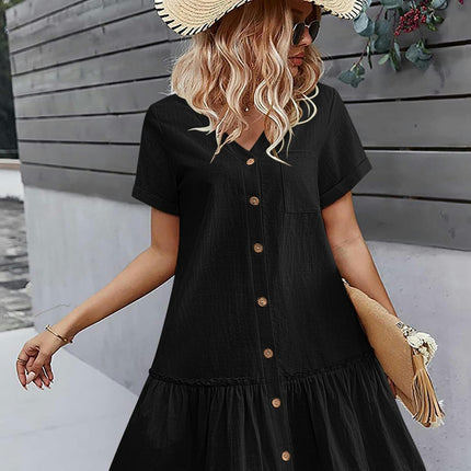 Casual Button Down Tunic Dress - Women Clothing - Cotton Short Sleeve Ruffle Hem Babydoll Dress