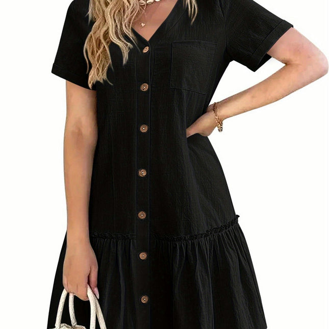 Casual Button Down Tunic Dress - Women Clothing - Cotton Short Sleeve Ruffle Hem Babydoll Dress