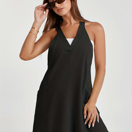 Women's V-Neck Mini Dress Sleeveless Solid Pullover Dress Casual Loose Sundress