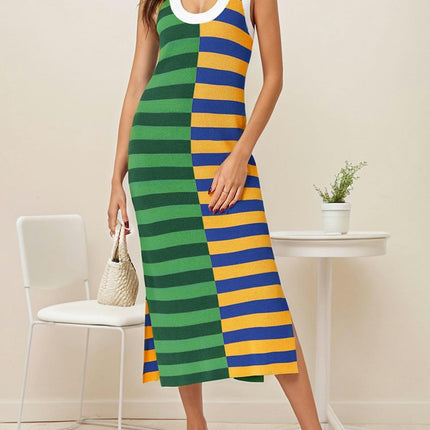 1pc Women'S Sleeveless A-Line Maxi Dress,Color Block Striped Tank with Scoop Neck Summer Long Dress