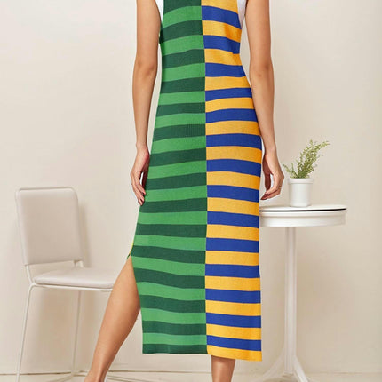 1pc Women'S Sleeveless A-Line Maxi Dress,Color Block Striped Tank with Scoop Neck Summer Long Dress