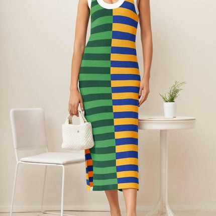 1pc Women'S Sleeveless A-Line Maxi Dress,Color Block Striped Tank with Scoop Neck Summer Long Dress