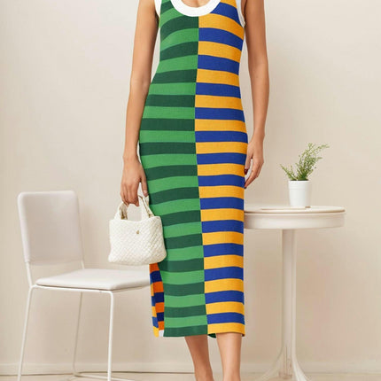 1pc Women'S Sleeveless A-Line Maxi Dress,Color Block Striped Tank with Scoop Neck Summer Long Dress