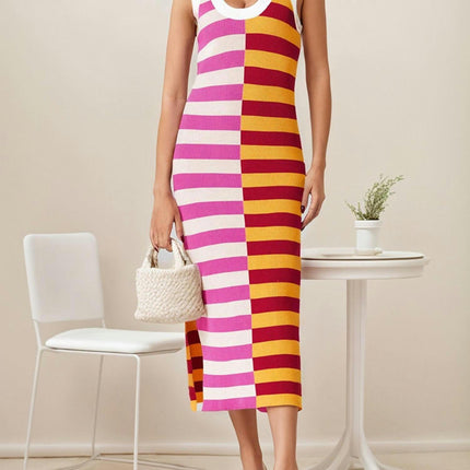 1pc Women'S Sleeveless A-Line Maxi Dress,Color Block Striped Tank with Scoop Neck Summer Long Dress