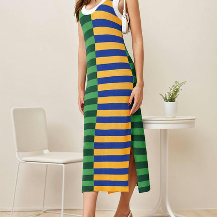 1pc Women'S Sleeveless A-Line Maxi Dress,Color Block Striped Tank with Scoop Neck Summer Long Dress