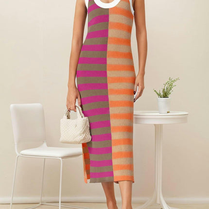 1pc Women'S Sleeveless A-Line Maxi Dress,Color Block Striped Tank with Scoop Neck Summer Long Dress