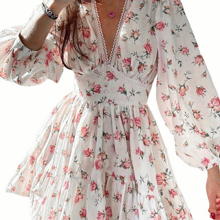 Women's Elegant Floral A-Line Beach Dress with Puff V-Neck, Ruffle Hem, and Loose Mini dress Design